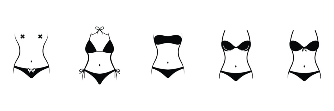 Female swimsuit and lingerie icon set showing torso silhouettes with different bikini styles vector illustration