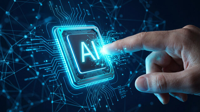 AI Core Activation: A close-up shot showcases a fingertip activating a glowing blue circuit board displaying the AI symbol, representing the dawn of intelligent technology and digital advancement.