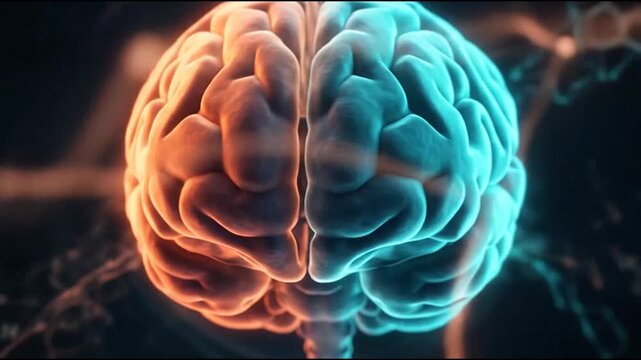 Glowing human brain with chemical structure diagrams.