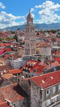 Aerial view of Split Cathedral of Saint Domnius and historic city architecture.