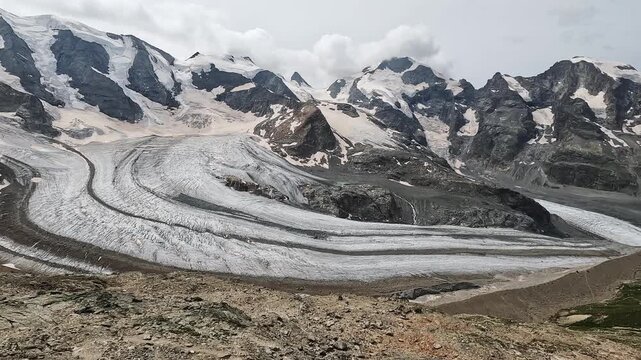 Aerial Panoramic View of Morteratsch and Pers Glacier System with Alpine Peaks, Bernina, Switzerland