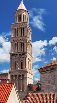Close-up detail of Saint Domnius bell tower in Split historic old town.