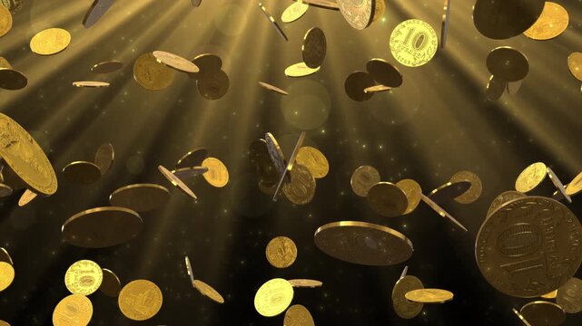 Falling Golden Russian 10 Ruble Coins with Shimmering Light Rays and Particle Effects
