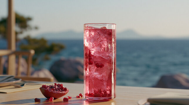 Tall glass filled with a pink-colored drink on a wooden table. the drink appears to be a pomegranate-flavored cocktail, with ice cubes floating on top.