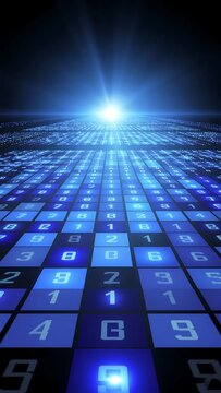 Abstract digital binary code glowing in dark futuristic style.