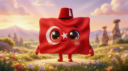 Fototapeta premium Turkish flag mascot character standing in a vibrant field with mountains and sunset sky background