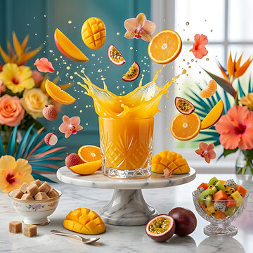 Tropical fruit juice explosion with mango, orange, and passion fruit splashing in glass.