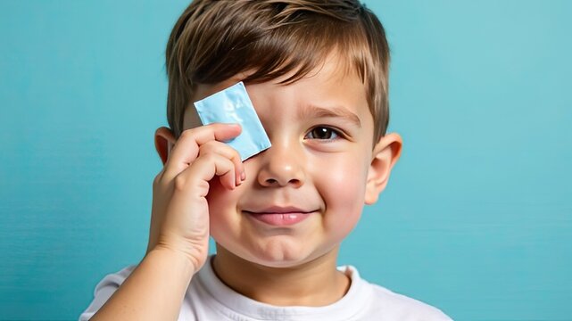 Little boy holds eye patch with gentle smile