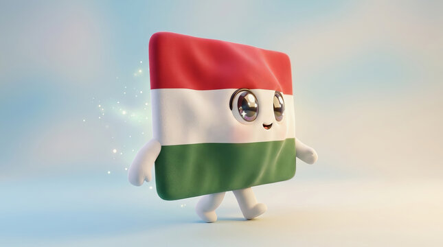 Cute animated flag mascot of Hungary walking with sparkles in a bright studio setting for Copa do Mundo branding and sports event promotion.