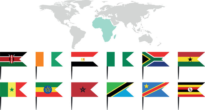 African National Flags Pennant Pins Vector Set with Highlighted Africa Continent on Grey World Map Background for Global Travel and Geography Graphic Designs