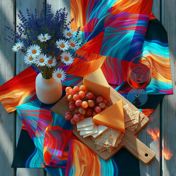 Colorful Summer Picnic Flat Lay with Cheese, Grapes and Ros&eacute;