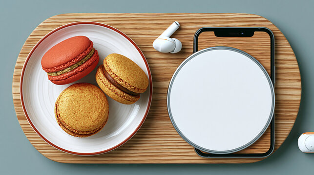 Wireless Charging Pad with Macarons and Earbuds Flat Lay