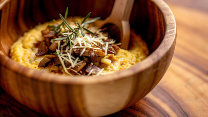 Fototapeta premium Rustic Wooden Bowl with Creamy Pasta and Fresh Herbs