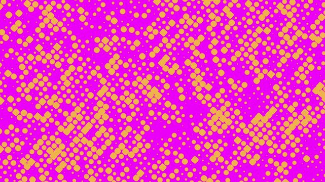 4k seamless looping animated hot pink pop art background. Yellow sunbeams . Polka dot pattern moving on round. Sunny summer kid funny banner. Sun explosion in center. 3d text birthday party backdrop