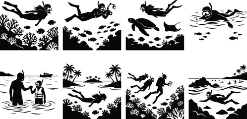 Obraz premium Scuba Diving and Marine Exploration Silhouette Collection Featuring Underwater Adventure Coral Reefs and Ocean Wildlife