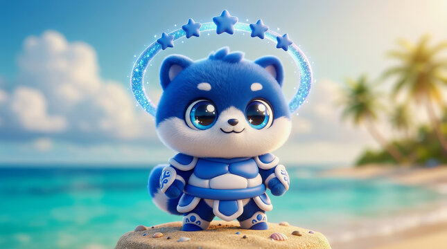 Cute blue mascot character with star halo stands on sandy beach near ocean and palm trees under bright sky