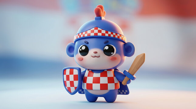Cute blue mascot character wearing red and white checkered helmet holding shield and wooden sword standing on blurred background