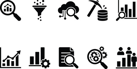 Fototapeta premium Data analysis and research icon set featuring charts graphs statistics filtering search and search optics.