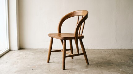 Fototapeta premium “Minimalist wooden chair with curved backrest, flat seat, and polished grain texture, rustic vintage appearance, plain light background, symbolizing craftsmanship, design, and simplicity…”