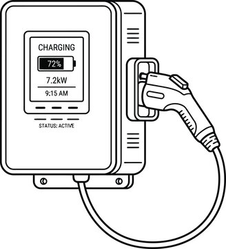 Electric vehicle wall charger station vector icon, EV charging point unit with status active screen, sustainable green transportation line art.