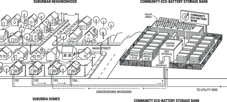Smart neighborhood microgrid vector infographic, eco friendly community infrastructure with solar panels, sustainable urban planning line art icon.
