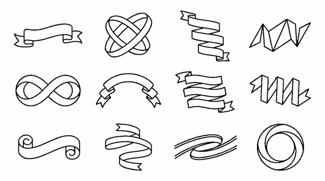 Collection of hand drawn ribbon banners and geometric infinity symbols in black outline style.