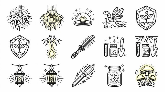Collection of mystical alchemy and nature hand drawn doodle icons in black ink style.