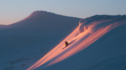 Fototapeta premium Person skiing down a snowy mountain slope. the person is wearing a helmet and is in the middle of a turn, with their skis pointing towards the right side of the image.