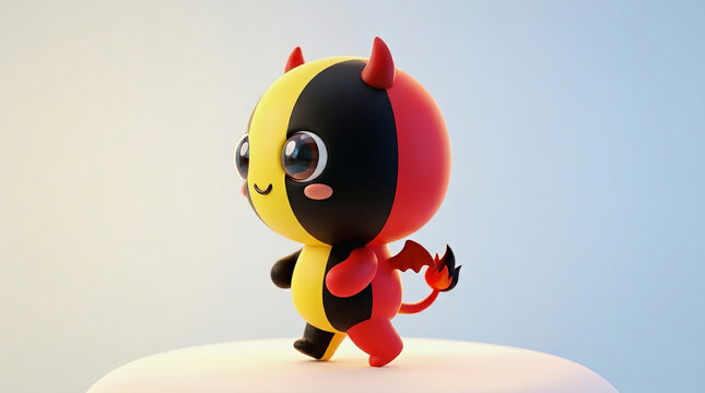 Cute cartoon devil mascot character with red horns and tail standing on white platform against soft gradient background