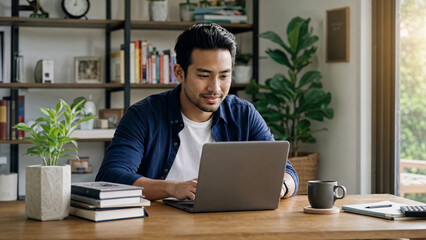Fototapeta premium Focused young Asian man looking at a laptop screen with a serious expression while working in a cozy room
