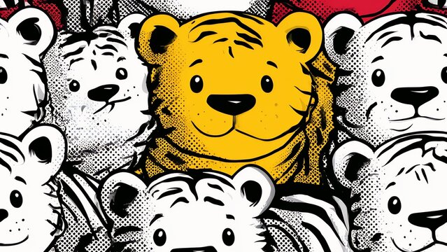Seamless pattern with cute cartoon tigers and leopards in colorful vector illustration