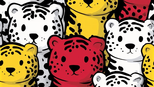 Seamless pattern with cute cartoon tigers and leopards in colorful vector illustration