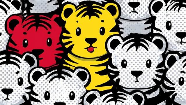Seamless pattern with cute cartoon tigers and leopards in colorful vector illustration
