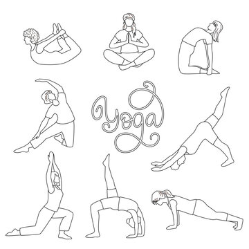 Yoga poses vector line art illustration. Set of people doing exercises with lettering text isolated on white background. Minimalist black outline design.