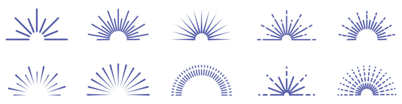 Blue Semicircle Sunburst Vector Icon Set on White Background. Vintage Half Sun Rising Ray Shapes in Multiple Line Styles. Minimal Outline Emblems for Logo, Badge and Boho Design.
