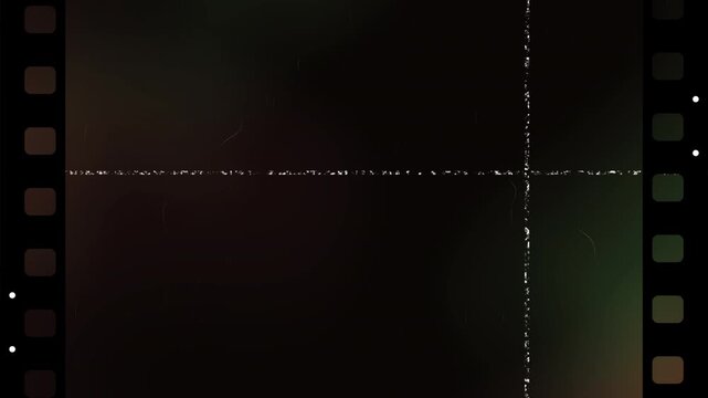 Vintage film burn overlay with red and green light leaks, dust, scratches, and film sprocket borders on a dark background with glitchy white lines for cinematic video editing