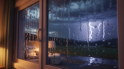 Naklejka premium Vista interior de un dormitorio acogedor a través de una ventana mojada por la lluvia, mostrando una espectacular tormenta eléctrica con rayos y nubes oscuras al atardecer
