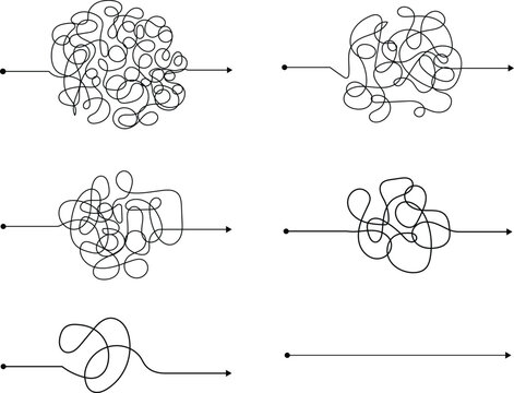 Tangled to Straight Path Vector Concept Set. Complex Chaos Simplifying Into Clear Arrow Lines. Hand Drawn Minimal Diagrams for Business and Problem Solving Design.
