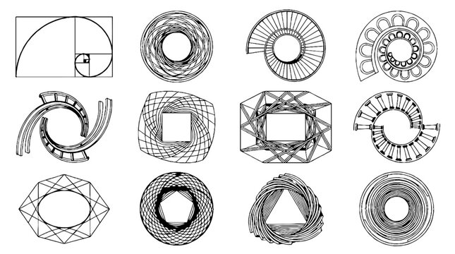 Collection of mathematical spiral patterns and geometric golden ratio diagrams in black line art.