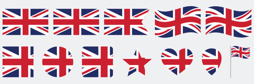 United Kingdom flag icon set in multiple shapes and waving styles. British national symbols include rectangle, circle, heart, star, and pin. Colorful flat vector collection ideal for patriotic