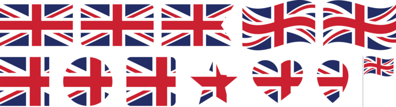 United Kingdom flag icon set in rectangle, circle, star, heart, and pin shapes. Flat British Union Jack symbol collection for national use. Vector elements for travel and patriotic design.

