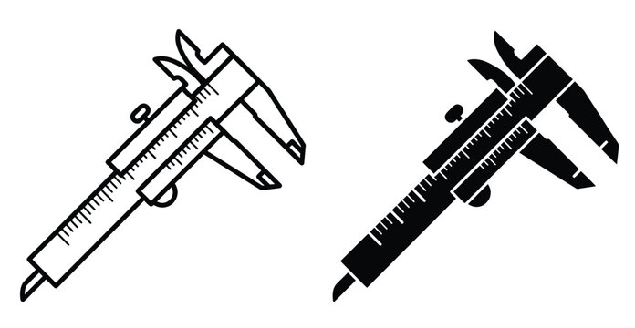 Vernier caliper vector icons, precision measurement tool silhouettes, industrial engineering scale equipment for technical design and construction