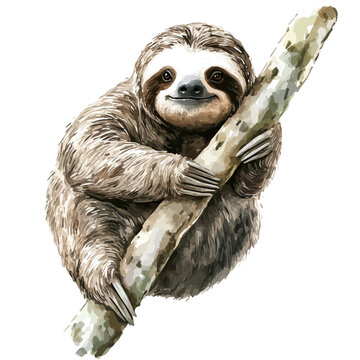 Sloth, vibrant watercolor vector illustration with flowing and detailed brush strokes, isolated on a white background.