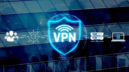 Fototapeta premium Secure Virtual Private Network Concept with Shield Icon and Network Elements Representing Online Privacy and Protection in Digital World Sigmoid