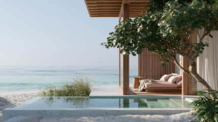 Fototapeta premium Beautiful outdoor living space with a stunning view of the ocean. the focal point of the image is a small swimming pool with crystal clear water in the center.