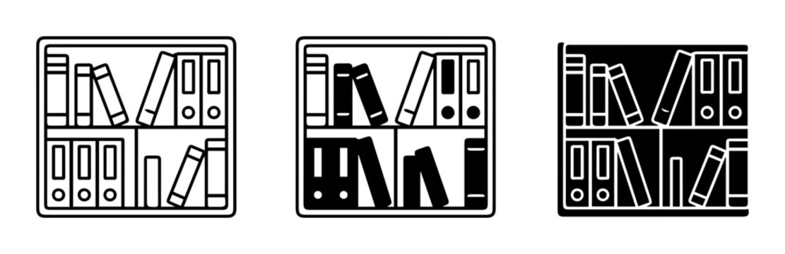 Library bookshelf icons, bookcase vector graphics, library symbols, book collection illustrations