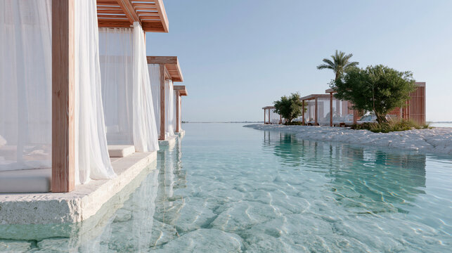 Beautiful outdoor swimming pool with crystal clear blue water. the pool is surrounded by white sand and palm trees, and there are several wooden cabanas on the right side of the image.