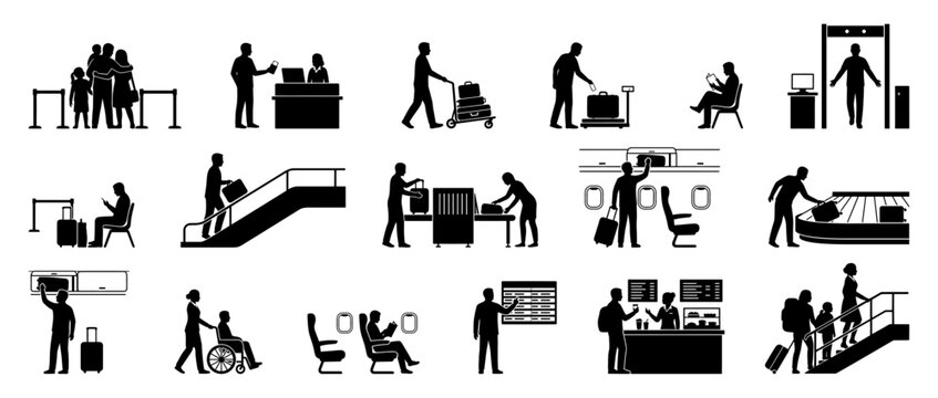 Airport passenger travel silhouettes showing people during flight departures, check in, and security procedures | Aviation vector icon set