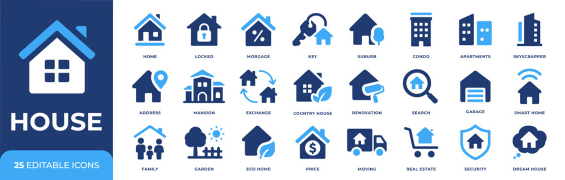 House icon set. Real estate symbol collection. Editable pictograms for home, property, mortgage, apartment, moving, renovation, security, garden and residential housing.