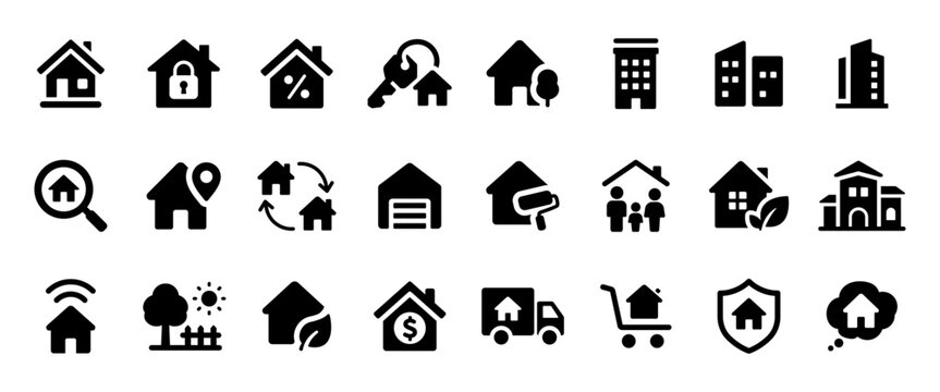 House icon set black style. Real estate symbol collection. Editable glyph pictograms for home, property, mortgage, apartment, moving, renovation, security, garden and residential housing.